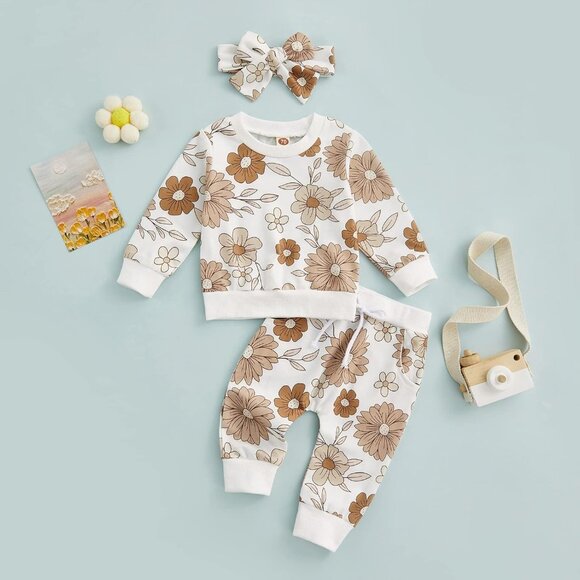 Cozy 3-Piece Fall Winter Baby Girl Clothes: Sweatshirt, Leggings & Bow Headband - Picture 6 of 7